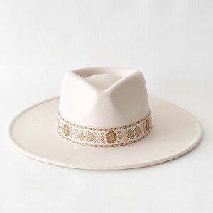 Cream Wide-Brim Hat with Gold Accent ribbon